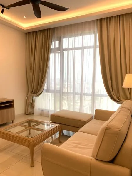 Living features: beige fabric sofa, glass coffee table with wooden frame, TV console, floor-to-ceiling windows, sheer curtains, recessed downlights, ceiling fan, cream painted walls, tile flooring, decorative lamp; style: modern; view: city.