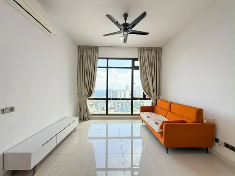 Living features: orange fabric sofa, white wall-mounted TV console, floor-to-ceiling windows, city view, white painted walls, glossy tile flooring, 5-blade ceiling fan with light, curtains, air conditioning unit; style: modern; view: city.
