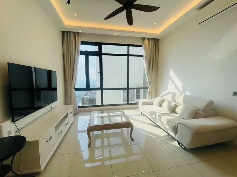 Living features: floor-to-ceiling windows, white walls, cream curtains, 3-seater fabric sofa in white, glass coffee table, wall-mounted TV, TV console in white, recessed downlights, ceiling fan, glossy tile flooring, ocean view; style: modern; view: sea.