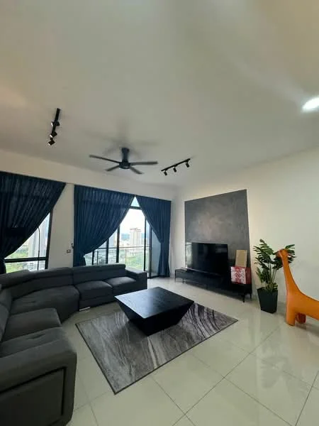 Living features: L-shape sectional sofa in grey, black coffee table, area rug with geometric pattern, wall-mounted TV, floor-to-ceiling windows, dark blue curtains, recessed LED downlights, ceiling fan with light, decorative plant in pot, accent wall with textured finish, white painted walls, glossy tile flooring; style: modern; view: city.