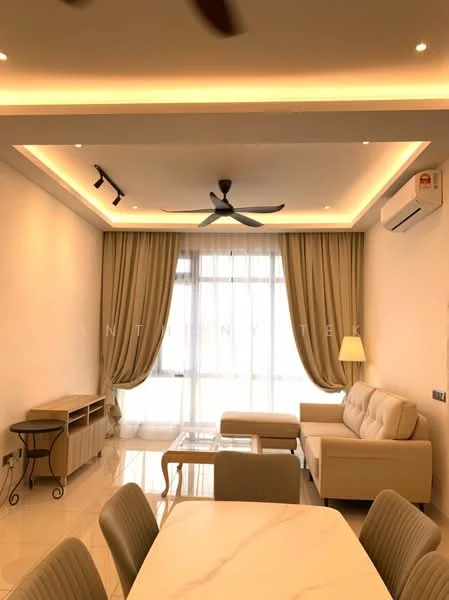 Living features: cream painted walls, marble tile flooring, tray ceiling with recessed lighting, 5-blade ceiling fan, floor-to-ceiling windows, sheer curtains, light beige fabric sofa, glass coffee table, wooden TV console, decorative wall lighting; style: modern.