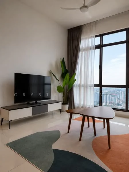 Living features: floor-to-ceiling windows, curtains, TV console, wall-mounted TV, coffee table, area rug with geometric pattern, potted plant, light-colored walls, polished tile flooring, ceiling fan; style: modern; view: city.