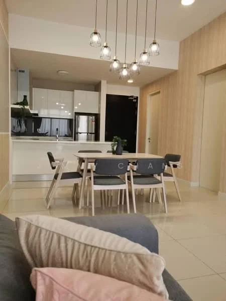 Dining features: 6-seater dining table, wooden dining chairs, pendant lighting with multiple bulbs, cream tiled flooring, light wood panelled walls, open kitchen layout, stainless-steel fridge, white cabinetry, black countertop, kitchen island, greenery in ceramic pot; style: modern. Living features: grey fabric sofa, decorative cushions, area rug, wall-mounted TV, open layout to dining area; style: modern.