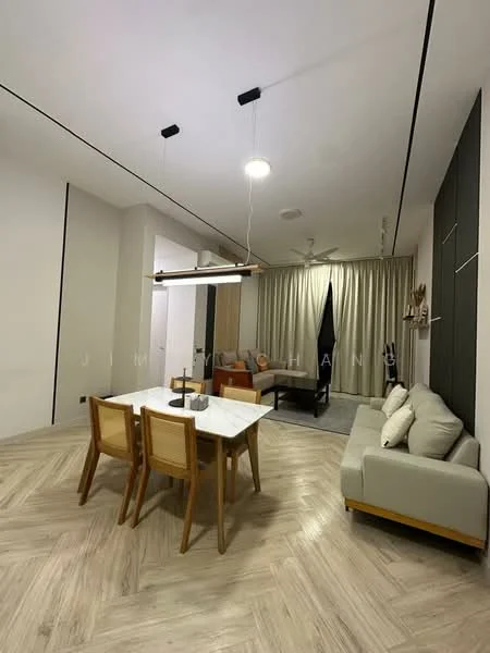 Living features: light wood herringbone flooring, white painted walls, recessed ceiling lights, 5-blade ceiling fan, sofa in light grey fabric, wooden dining table for 4, wooden dining chairs, pendant light fixture above dining table, curtains in light fabric, decorative wall shelf, area rug; style: modern.