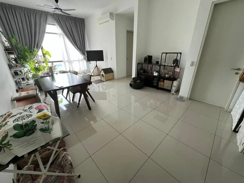 Living features: large floor-to-ceiling windows, grey curtains, white walls, polished ceramic tile flooring, ceiling fan, wall-mounted TV, wooden dining table with chairs, decorative plants, shelves with decorative items, air conditioning unit, light-colored door, neutral color palette; style: modern; view: city.