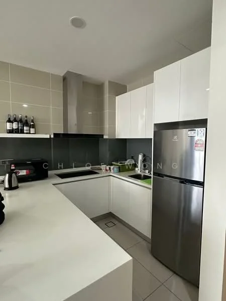 Kitchen features: white shaker cabinets, stainless-steel fridge, built-in oven, 4-burner gas hob, single-bowl stainless-steel sink, chrome pull-down faucet, white quartz countertop, grey tile backsplash, ceramic tile flooring, recessed downlights, kitchen appliances including kettle and coffee machine; style: modern.