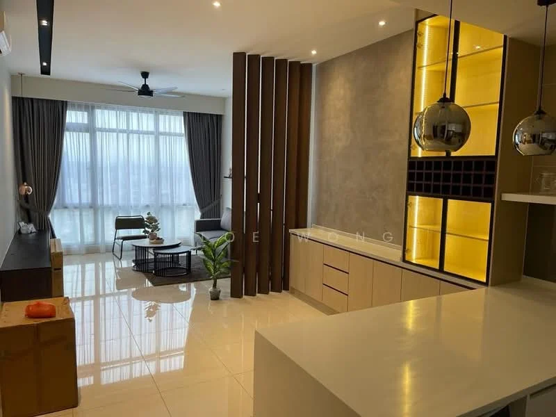 Living features: white painted walls, grey accent wall, polished tile flooring, 5-blade ceiling fan with light, floor-to-ceiling windows, sheer curtains, sofa in black, coffee table, decorative plant in ceramic pot, open shelving unit, pendant lights, built-in cabinetry, dining area with countertop, bar stools; style: modern; view: city.
