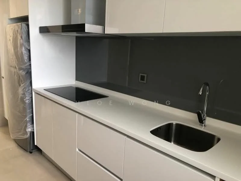 Kitchen features: white cabinetry, stainless-steel sink, chrome pull-down faucet, black induction cooktop, grey backsplash, white countertop, built-in oven, stainless-steel refrigerator, under-cabinet lighting, drawer storage, open shelving; style: modern.