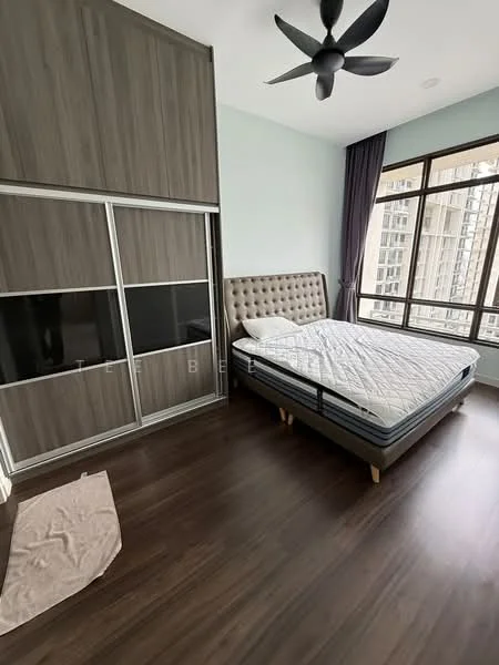 Bedroom features: queen-size bed, upholstered headboard, built-in wardrobe with sliding doors, floor-to-ceiling windows, dark wood flooring, ceiling fan, curtains, decorative wall paneling; style: modern; view: city.