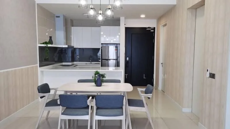 Dining features: 6-seater dining table, upholstered dining chairs in grey, pendant lighting with multiple bulbs, white cabinetry, black refrigerator, stainless-steel sink, white quartz countertop, ceramic tile flooring, grey accent wall, open layout with kitchen, wall-mounted cabinets, sliding door to hallway; style: modern. Kitchen features: white cabinetry, black refrigerator, stainless-steel sink, white quartz countertop, built-in oven, ceramic tile flooring, open layout with dining area; style: modern.