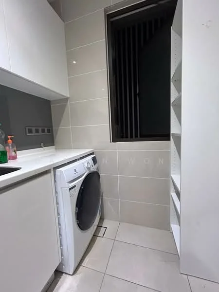 Laundry features: white cabinetry, white countertop, front-load washing machine, tile flooring, grey wall tiles, shelving unit, window with vertical bars, sink with faucet; style: modern.