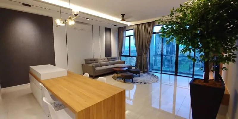 Living features: grey fabric sofa, round coffee table, area rug with circular pattern, floor-to-ceiling windows, city view, recessed downlights, 5-blade ceiling fan, decorative plant in pot, wall-mounted TV, light wood flooring, white walls with dark accent wall; style: modern; view: city. Dining features: light wood dining table, white dining chairs, open layout to living area; style: modern; view: city.