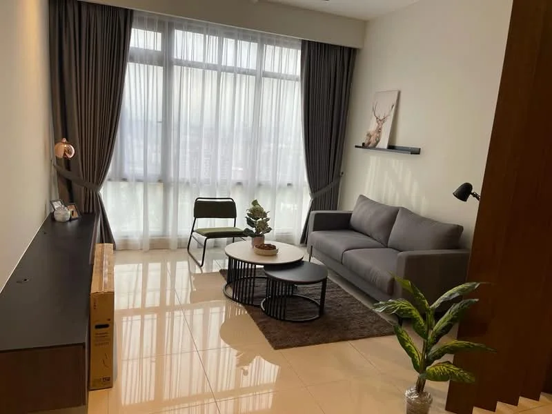 Living features: grey fabric sofa, round coffee table, black metal coffee table, TV console, floor-to-ceiling windows, sheer curtains, decorative plant, area rug, wall-mounted shelf, framed artwork, 2-seater metal chair, polished tile flooring; style: modern; view: city.