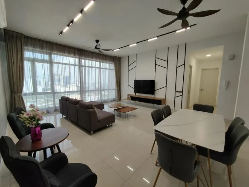Living features: floor-to-ceiling windows, grey fabric sofa, 3-seater sofa, 2-seater sofa, coffee table with glass top, TV console, wall-mounted TV, recessed LED downlights, 2 ceiling fans, white walls, cream curtains, marble tile flooring, decorative wall with black lines, area rug; style: modern; view: city. Dining features: 6-seater dining table with marble top, upholstered dining chairs, wooden dining table, decorative flower arrangement; style: modern; view: city.