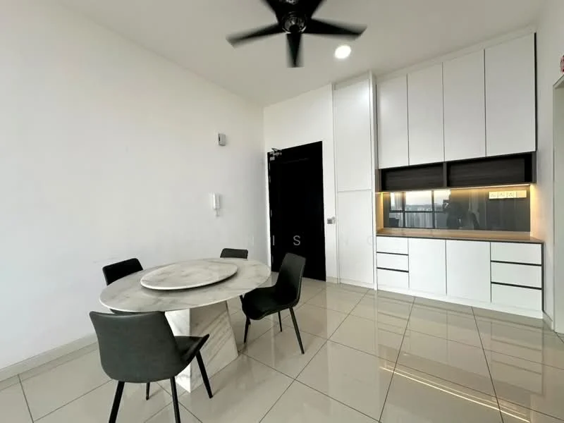 Dining features: round marble dining table, 4 upholstered dining chairs in black, white painted walls, glossy ceramic tile flooring, built-in cabinetry with black and white finish, recessed downlights, ceiling fan, floor-to-ceiling window, black door, minimalist decor; style: modern.