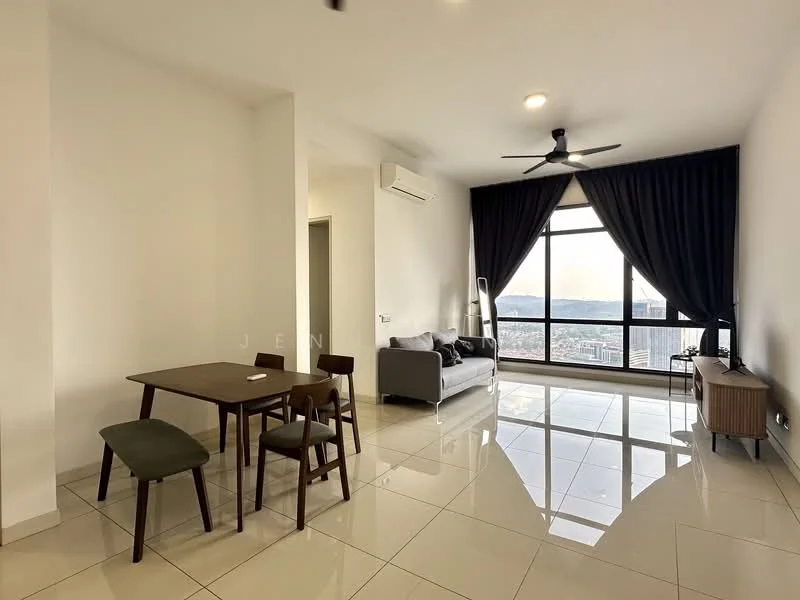 Living features: floor-to-ceiling windows, grey fabric sofa, 3-seater sofa, wooden coffee table, 2 dining chairs, white painted walls, polished ceramic tile flooring, ceiling fan, TV console, curtains, air conditioning unit; style: modern; view: city.