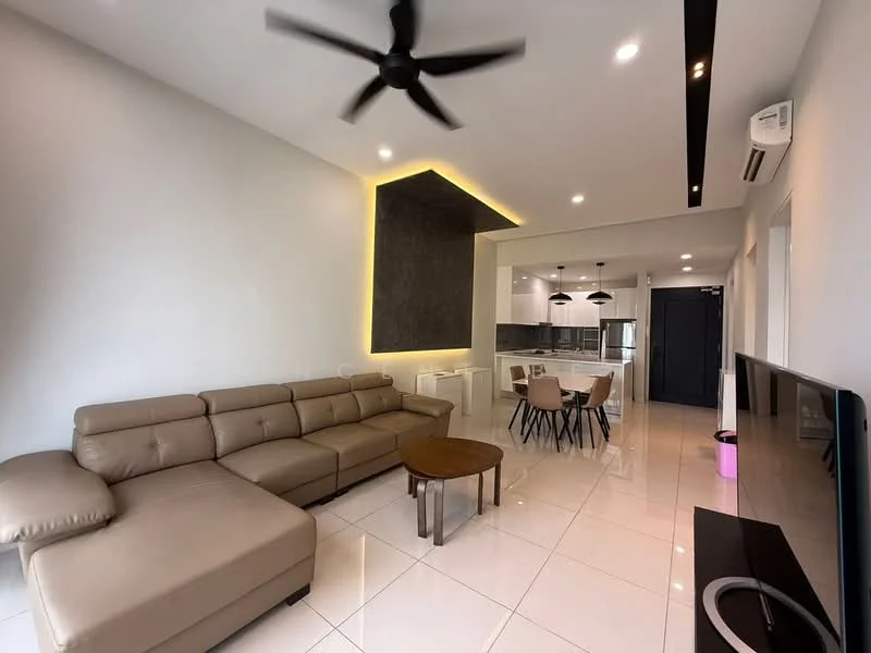 Living features: L-shape sectional sofa in beige, coffee table, wall-mounted TV, white painted walls, polished tile flooring, recessed downlights, 5-blade ceiling fan, open layout to kitchen, decorative feature wall with dark finish, dining area visible in background; style: modern.