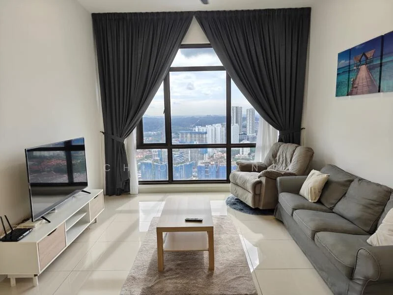 Living features: floor-to-ceiling windows, grey fabric sofa, recliner armchair, light wooden coffee table, area rug, TV console, wall-mounted TV, curtains, decorative wall art, glossy tile flooring; style: modern; view: city.