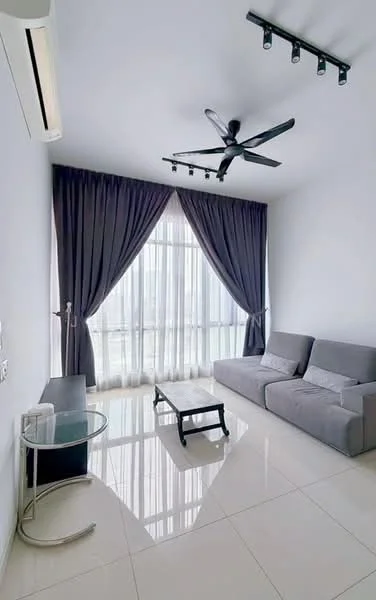 Living features: grey fabric sofa, glass coffee table, floor-to-ceiling windows, sheer curtains, blackout curtains, 5-blade ceiling fan with light, wall-mounted split AC, glossy tile flooring, recessed downlights, decorative wall, neutral wall colour; style: modern; view: city.