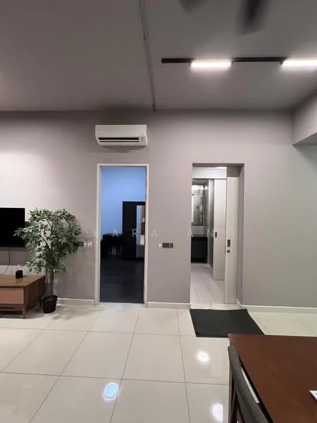 Room features: white painted walls, tile flooring, recessed LED downlights, wall-mounted split AC, door leading to bathroom, door leading to another room, indoor plant, TV console, dining table, dark wood furniture; style: modern.