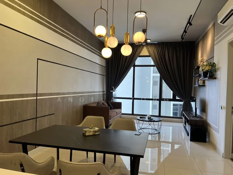 Living features: floor-to-ceiling windows, grey curtains, 3-seater brown fabric sofa, coffee table with metal frame, wall-mounted TV, TV console, decorative wall with horizontal lines, recessed downlights, pendant lighting with multiple bulbs, glossy tile flooring; style: modern; view: city. Dining features: black dining table, 4 white dining chairs, decorative item on table; style: modern.