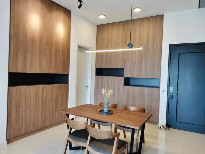 Dining features: wooden dining table, 4 wooden dining chairs, wooden cabinetry with black accents, white walls, recessed ceiling lights, pendant light fixture, glossy tile flooring, doorway leading to another room; style: modern.