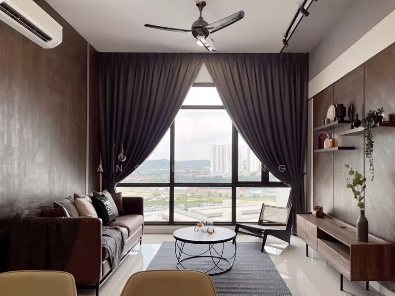 Living features: 3-seater leather sofa in brown, coffee table with metal frame, area rug with geometric pattern, floor-to-ceiling windows, blackout curtains, wall-mounted TV, wooden TV console, decorative plants, ceiling fan with light, wall-mounted shelving unit, decorative vases, accent pillows; style: modern; view: city.