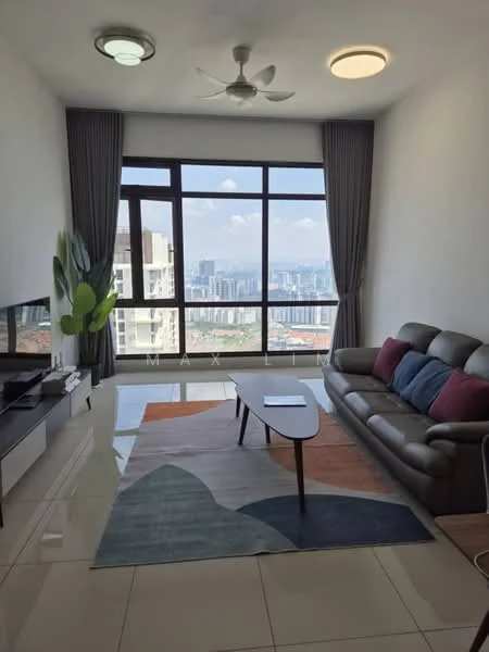 Living features: 3-seater leather sofa in brown, decorative cushions in red and blue, coffee table with wooden top, area rug with geometric pattern, floor-to-ceiling windows, city skyline view, ceiling fan with light, recessed ceiling light, curtains in grey, wall-mounted TV, TV console in white, potted plant; style: modern; view: city.