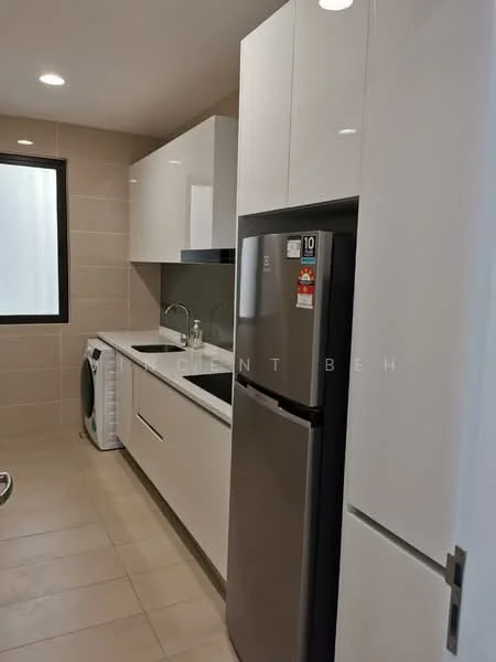 Kitchen features: white glossy cabinetry, black countertop, stainless-steel fridge, built-in oven, single-bowl stainless-steel sink, chrome pull-down faucet, white washing machine, tile backsplash, recessed LED downlights, light beige tile flooring, window with sheer curtains; style: modern.