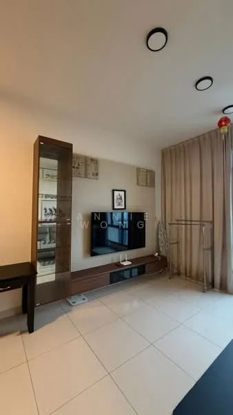 Living features: white painted walls, glossy tile flooring, wall-mounted TV, TV console with storage, glass display cabinet, sheer curtains, recessed ceiling lights, hanging lantern, open space layout; style: modern.