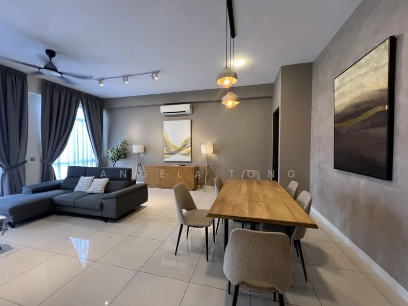 Living features: grey fabric sectional sofa, coffee table, 5-blade ceiling fan with light, recessed LED downlights, floor-to-ceiling windows with sheer curtains, white walls, polished ceramic tile flooring, decorative wall art, air conditioning unit, dining table with wooden top, upholstered dining chairs; style: modern.