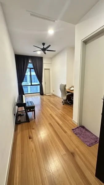 Room features: wooden flooring, white painted walls, 5-blade ceiling fan with light, floor-to-ceiling windows, curtains, desk with chair, small bench, area rug, doorway, light fixtures; style: modern; view: city.