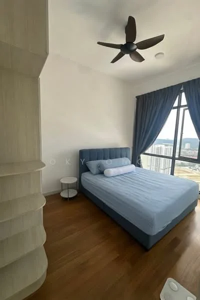 Bedroom features: queen-size bed with blue bedding, upholstered headboard in blue, 2 bedside tables, 5-blade ceiling fan, floor-to-ceiling window with city view, curtains in dark blue, wooden flooring, built-in shelving unit; style: modern; view: city.