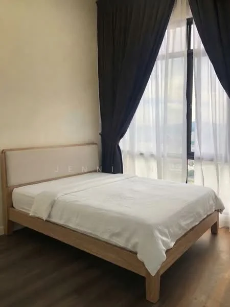Bedroom features: queen-size bed, upholstered headboard, white bedding, floor-to-ceiling windows, blackout curtains, wooden flooring, decorative wall, natural light; style: modern; view: city.