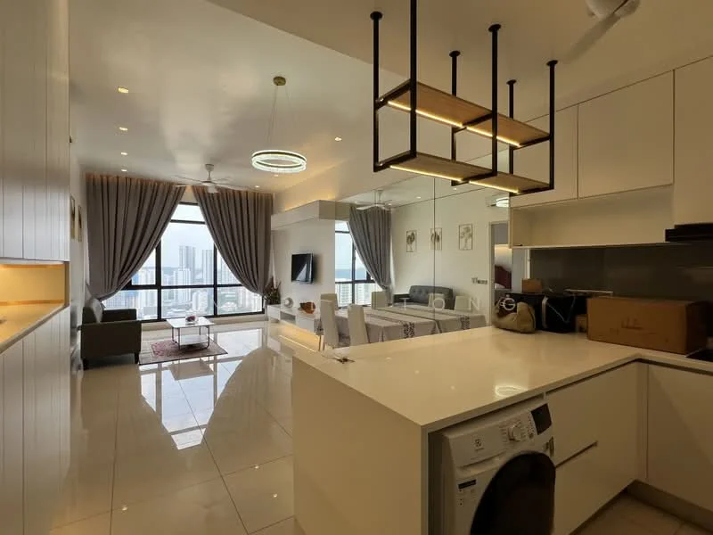 Kitchen features: white cabinetry, marble countertop, stainless-steel sink, built-in oven, freestanding washing machine, recessed downlights, pendant lighting, open shelving, floor-to-ceiling windows, city view, ceramic tile flooring; style: modern; view: city. Living features: sofa, coffee table, TV console, wall-mounted TV, area rug, curtains, recessed downlights, floor-to-ceiling windows, city view, ceramic tile flooring; style: modern; view: city.