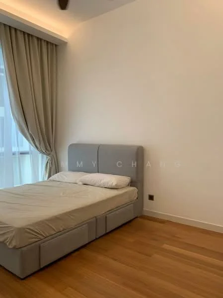 Bedroom features: queen-size bed, upholstered headboard, light-colored bedding, floor-to-ceiling windows, sheer curtains, wooden flooring, neutral painted walls, wall-mounted light switch; style: modern.