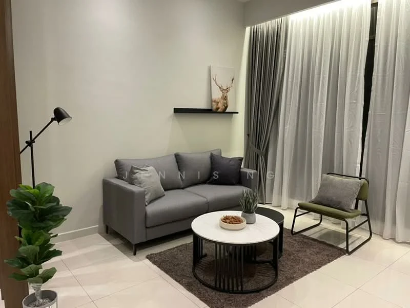 Living features: grey fabric 3-seater sofa, black coffee table, area rug with neutral color, floor lamp with black shade, green plant in ceramic pot, decorative wall art with deer, white painted walls, curtains in light grey, recessed lighting, sliding glass door, light-colored tile flooring; style: modern.