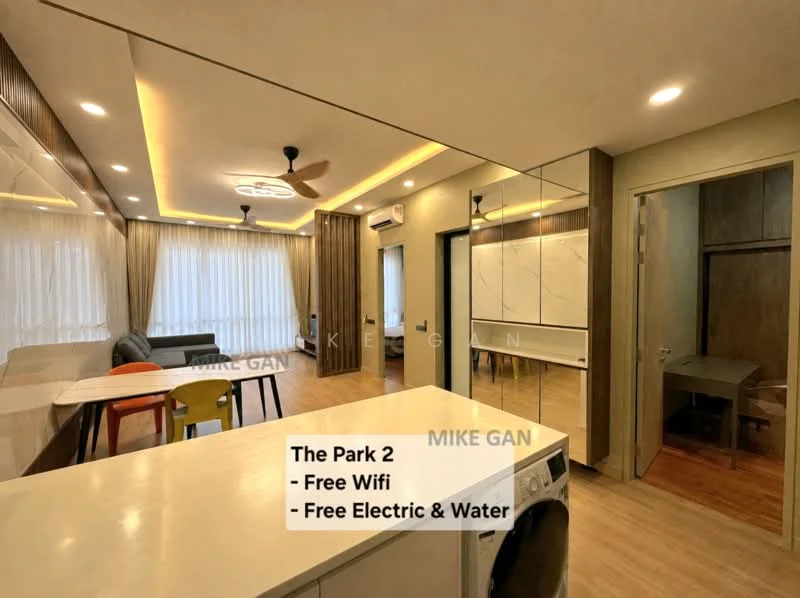 Living features: 5-blade ceiling fan with light, recessed downlights, wooden flooring, white painted walls, floor-to-ceiling windows with sheer curtains, sofa in grey, coffee table, TV console, dining table with colorful chairs, built-in cabinetry, washing machine, decorative wall paneling; style: modern.