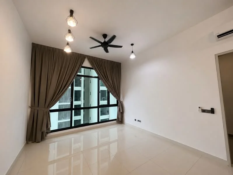 Living features: white painted walls, glossy tile flooring, 5-blade ceiling fan with light, floor-to-ceiling windows, sheer curtains, blackout curtains, recessed downlights, wall-mounted air conditioning unit; style: modern; view: city.