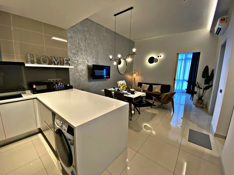 Kitchen features: white quartz countertop, stainless-steel sink, built-in washing machine, white cabinetry, black appliances, tile backsplash, recessed downlights, pendant lighting, open-plan layout; style: modern. Dining features: dining table for six, upholstered dining chairs, decorative wall art, wall-mounted TV, floor-to-ceiling windows, indoor plants; style: modern.