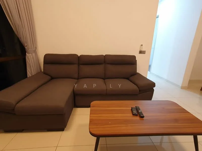 Living features: L-shape sectional sofa in brown fabric, wooden coffee table, cream tiled flooring, white painted walls, curtains in light grey, floor-to-ceiling window, remote control on table, wall-mounted intercom; style: modern.