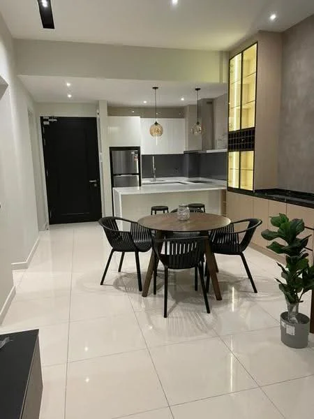Dining features: round wooden dining table, 4 black dining chairs, white tiled flooring, recessed downlights, pendant lights above table, black cabinetry, white countertop, stainless-steel fridge, black backsplash, green potted plant, open layout to kitchen, wall-mounted cabinetry with glass panels; style: modern.