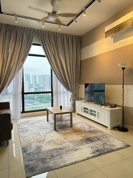 Living features: floor-to-ceiling windows, grey sheer curtains, cream painted walls, wood accent wall, recessed downlights, 5-blade ceiling fan, TV console in white, wall-mounted TV, coffee table, area rug with abstract pattern, laminate flooring, decorative floor lamp; style: modern; view: city.