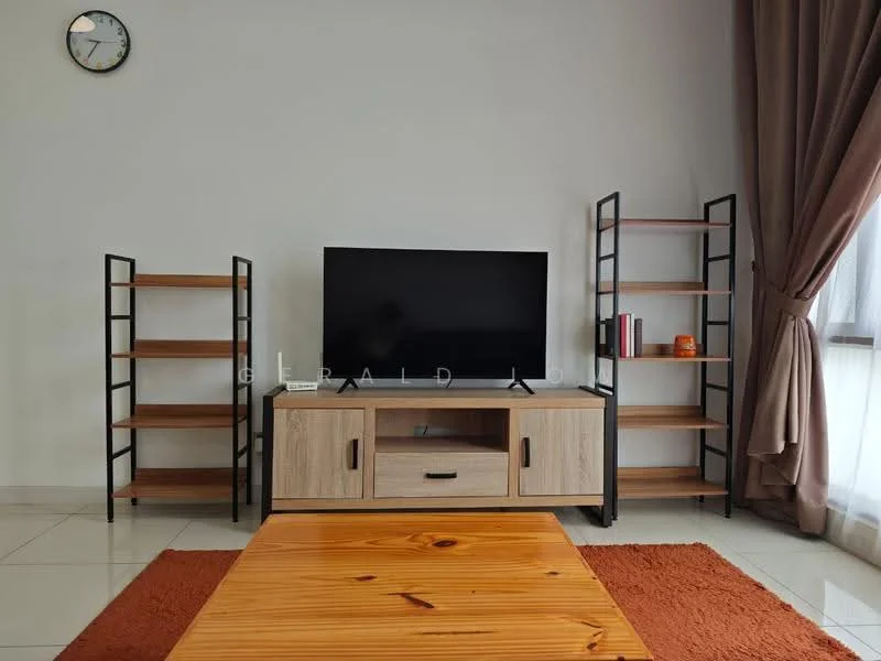 Living features: light grey painted walls, white ceiling, large window with sheer curtains, floor-to-ceiling window, light brown wooden coffee table, black metal TV stand, flat-screen TV, 2 open shelving units with wooden shelves and black metal frames, orange area rug, wall clock; style: modern.