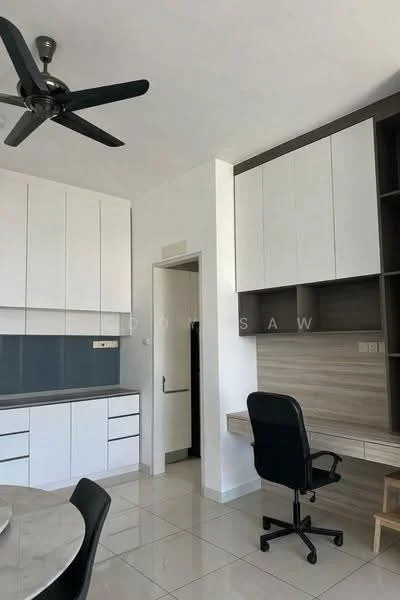 Room features: white cabinetry with flat-panel doors, grey countertop, built-in desk with shelving, ceramic tile flooring, 5-blade ceiling fan, wall-mounted light switch, doorway leading to another room, neutral wall color; style: modern.