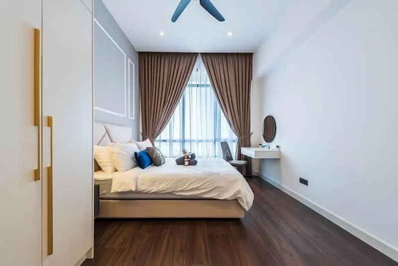 Bedroom features: king-size bed with upholstered headboard, white bedding with decorative pillows, wooden flooring, floor-to-ceiling windows with sheer curtains, brown drapes, wall-mounted mirror, study desk, ceiling fan with light, built-in wardrobe with white finish, decorative wall paneling; style: modern.