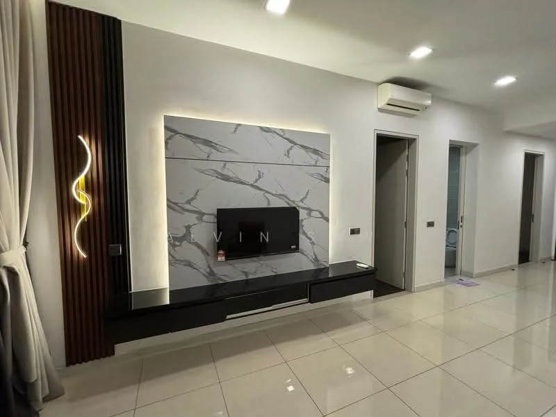 Living features: white painted walls, marble accent wall, black TV console, wall-mounted TV, recessed lighting, 5-blade ceiling fan, glossy tile flooring, curtains, air conditioning unit, decorative wall light; style: modern. Room features: doorway to adjacent rooms.