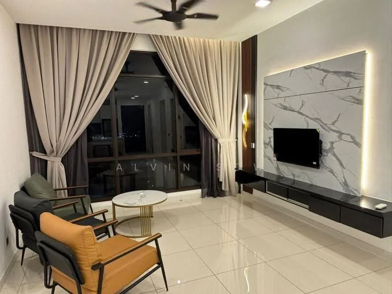 Living features: floor-to-ceiling windows, grey curtains, sheer curtains, white walls, marble accent wall, wall-mounted TV, black TV console, round coffee table, 2-seater fabric sofa in green, 1-seater armchair in orange, recessed downlights, ceiling fan; style: modern; view: city.