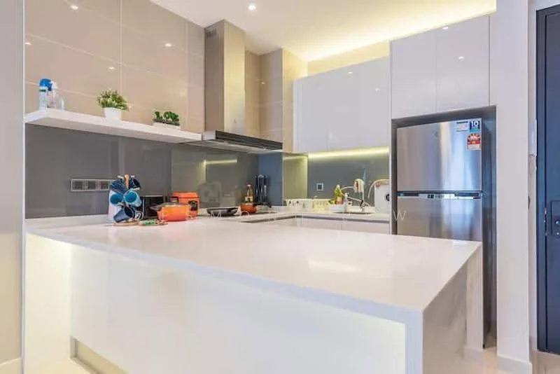 Kitchen features: white quartz countertop, grey backsplash, stainless-steel fridge, built-in oven, 4-burner gas hob, stainless-steel range hood, white cabinetry with flat-panel doors, under-cabinet lighting, kitchen island with seating, decorative plants on countertop, kitchen utensils and appliances visible; style: modern.