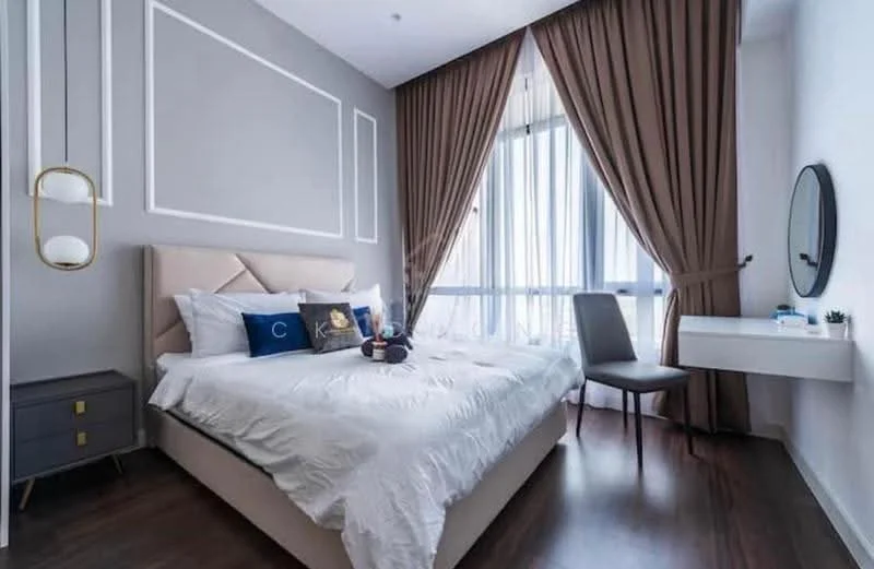 Bedroom features: king-size bed with upholstered headboard, white bedding, decorative pillows, nightstand with drawer, table lamp, floor-to-ceiling windows, sheer curtains, wooden flooring, wall-mounted round mirror, study desk, upholstered chair; style: modern; view: city.